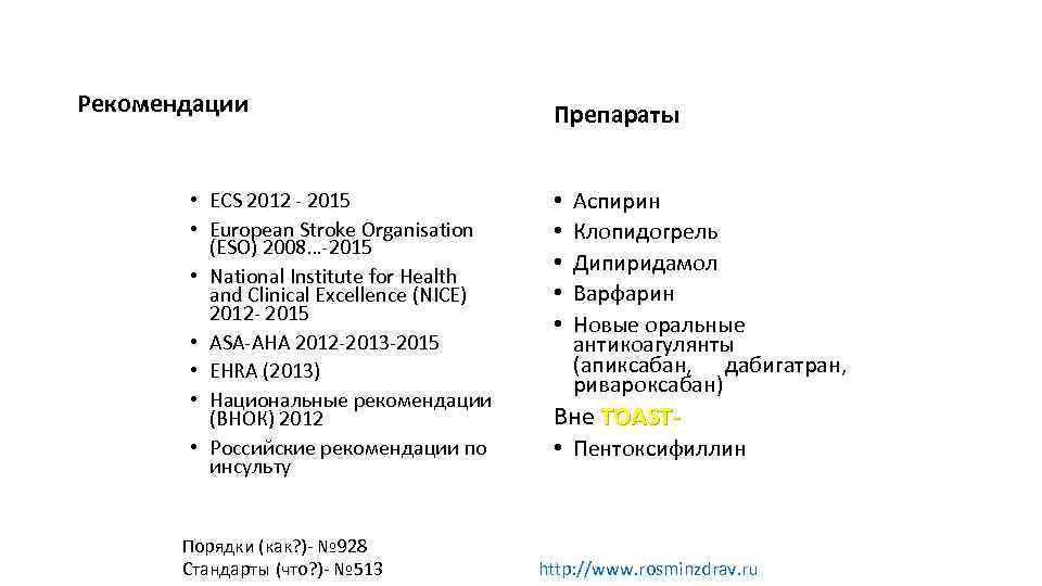 Рекомендации • ECS 2012 - 2015 • European Stroke Organisation (ESO) 2008…-2015 • National