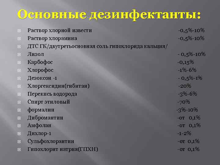 Основные дезинфектанты: Раствор хлорной извести -0, 5%-10% Раствор хлорамина -0, 5%-10% ДТС ГК/двутретьосновная соль