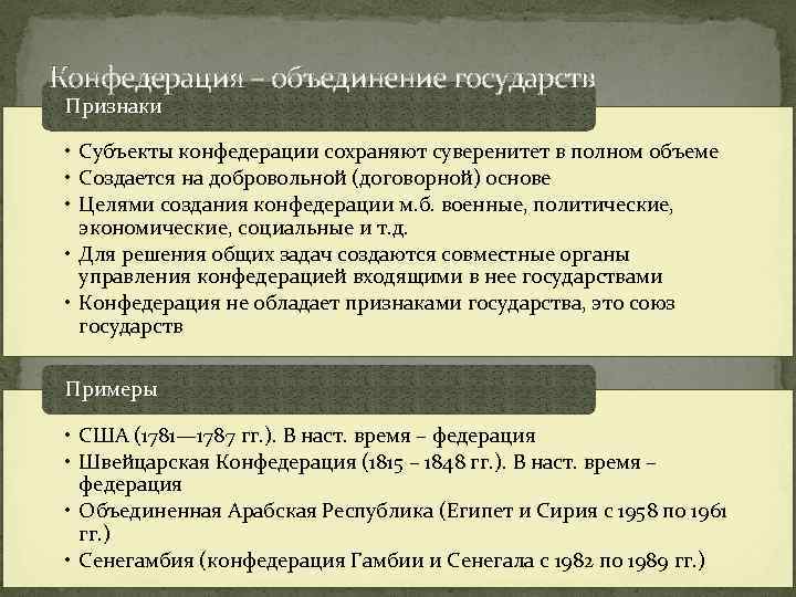 Конфедерация – объединение государств Признаки • Субъекты конфедерации сохраняют суверенитет в полном объеме •