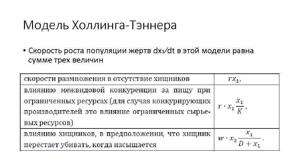 Модель Холлинга-Тэннера • Скорость роста популяции жертв dx 1⁄dt в этой модели равна сумме