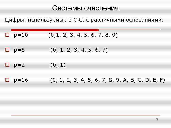 Системы счисления Цифры, используемые в С. С. с различными основаниями: o р=10 (0, 1,