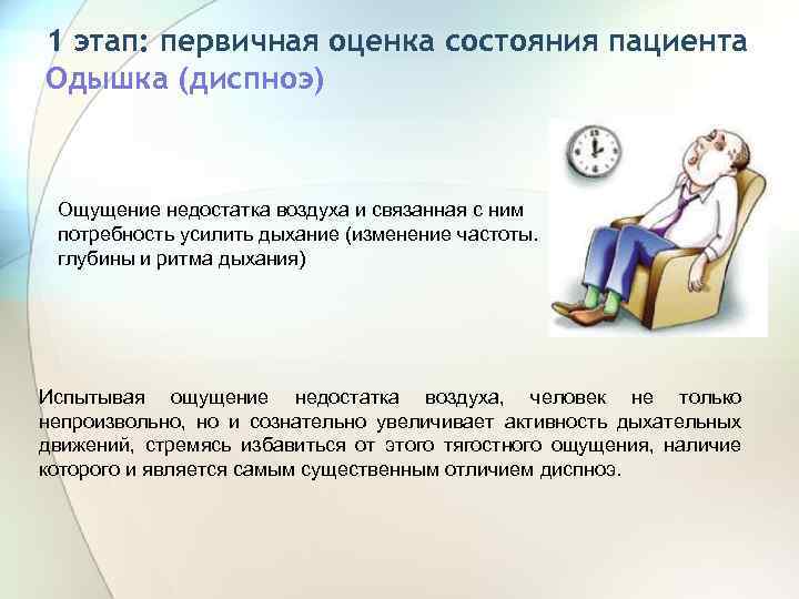 1 этап: первичная оценка состояния пациента Одышка (диспноэ) Ощущение недостатка воздуха и связанная с