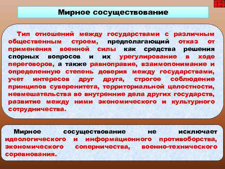 Мирное сосуществование 12 Тип отношений между государствами с различным общественным строем, предполагающий отказ от