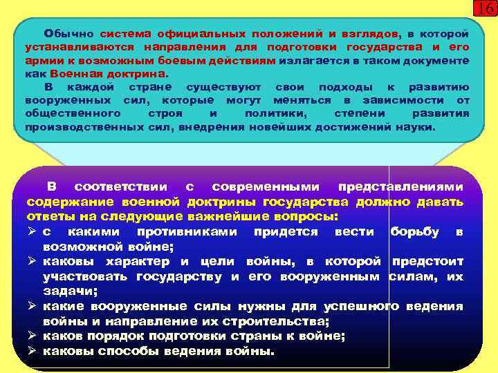 16 Обычно система официальных положений и взглядов, в которой устанавливаются направления для подготовки государства