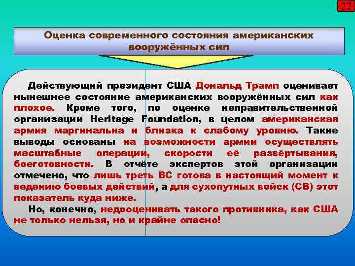 22 Оценка современного состояния американских вооружённых сил Действующий президент США Дональд Трамп оценивает нынешнее
