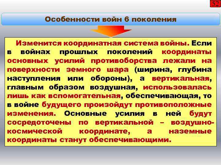 52 Особенности войн 6 поколения Изменится координатная система войны. Если в войнах прошлых поколений