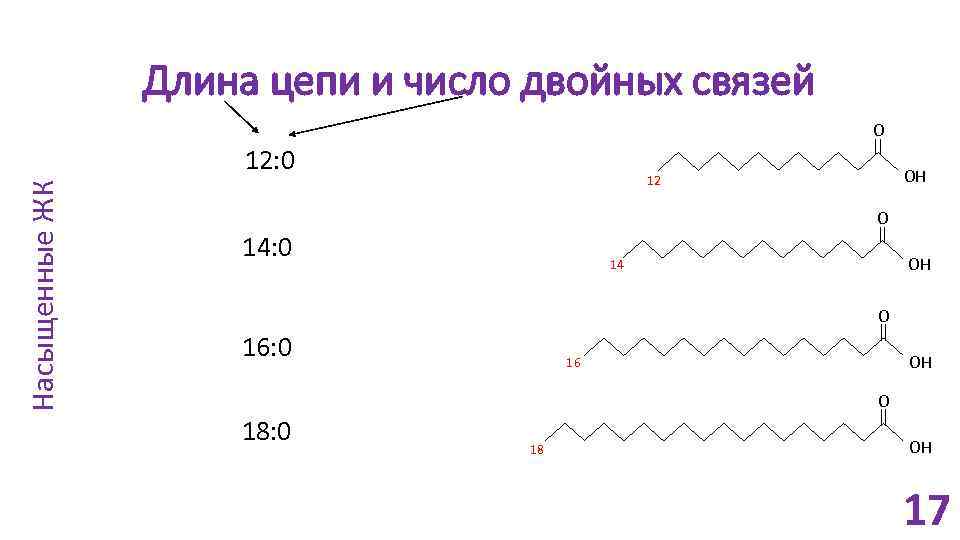 Длина цепи и число двойных связей O Насыщенные ЖК 12: 0 OH 12 O