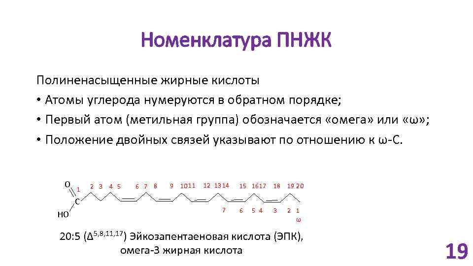 Номенклатура ПНЖК Полиненасыщенные жирные кислоты • Атомы углерода нумеруются в обратном порядке; • Первый