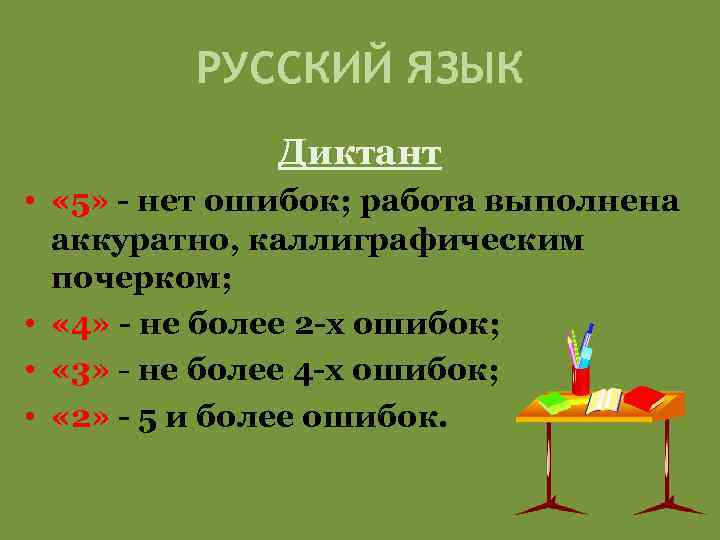 РУССКИЙ ЯЗЫК Диктант • « 5» - нет ошибок; работа выполнена аккуратно, каллиграфическим почерком;