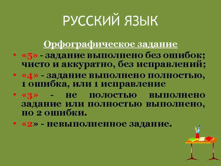 РУССКИЙ ЯЗЫК • • Орфографическое задание « 5» - задание выполнено без ошибок; чисто