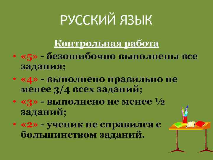 РУССКИЙ ЯЗЫК • • Контрольная работа « 5» - безошибочно выполнены все задания; «