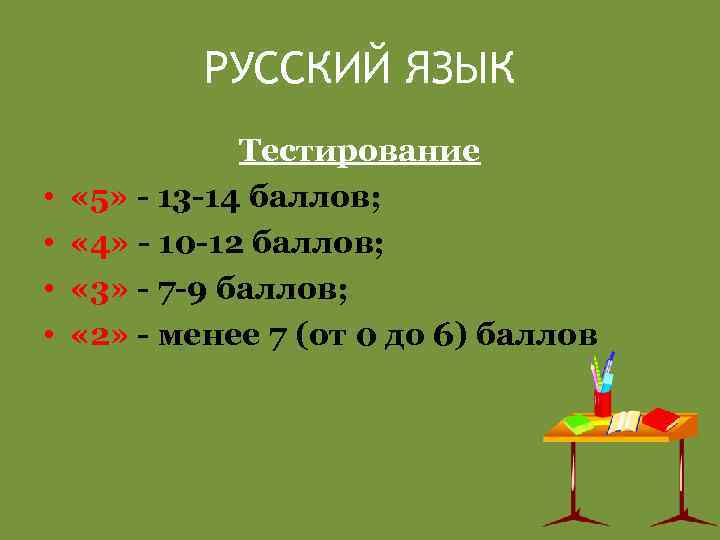 РУССКИЙ ЯЗЫК • • Тестирование « 5» - 13 -14 баллов; « 4» -