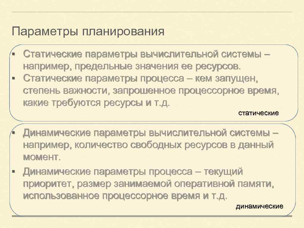 Параметры планирования ▪ Статические параметры вычислительной системы – например, предельные значения ее ресурсов. ▪