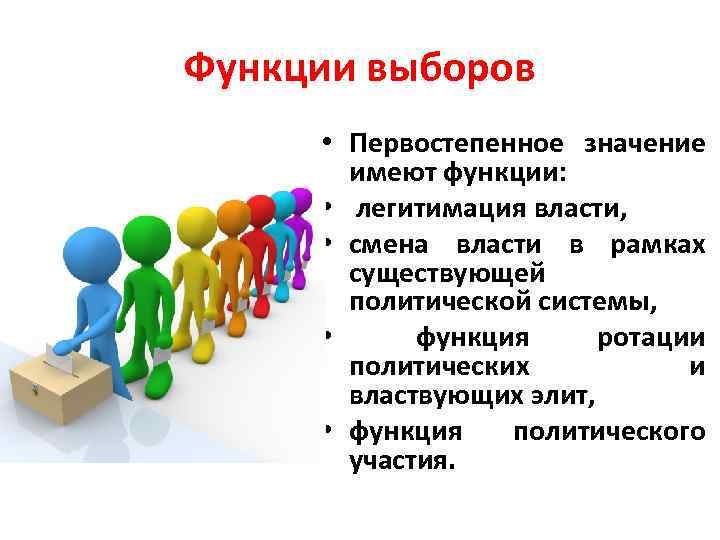 Функции выборов • Первостепенное значение имеют функции: • легитимация власти, • смена власти в