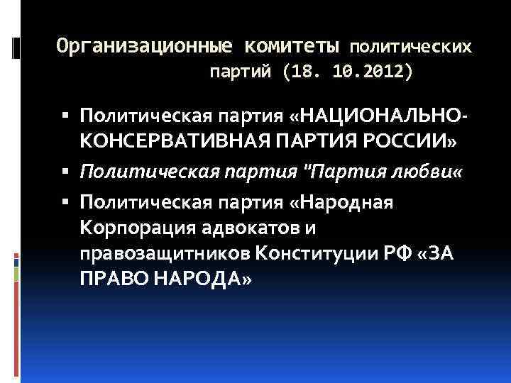 Организационные комитеты политических партий (18. 10. 2012) Политическая партия «НАЦИОНАЛЬНОКОНСЕРВАТИВНАЯ ПАРТИЯ РОССИИ» Политическая партия