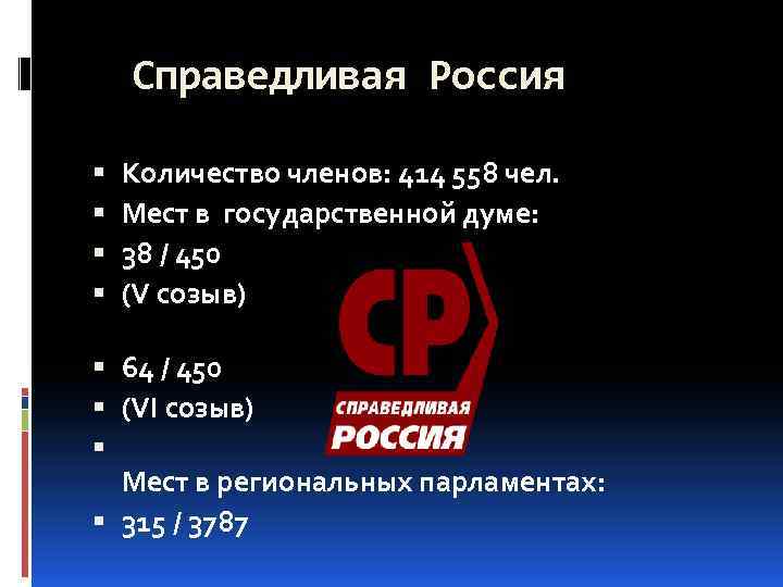 Справедливая Россия Количество членов: 414 558 чел. Мест в государственной думе: 38 / 450