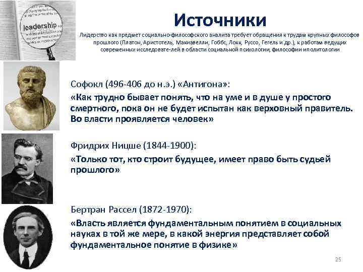 Источники Лидерство как предмет социально философского анализа требует обращения к трудам крупных философов прошлого