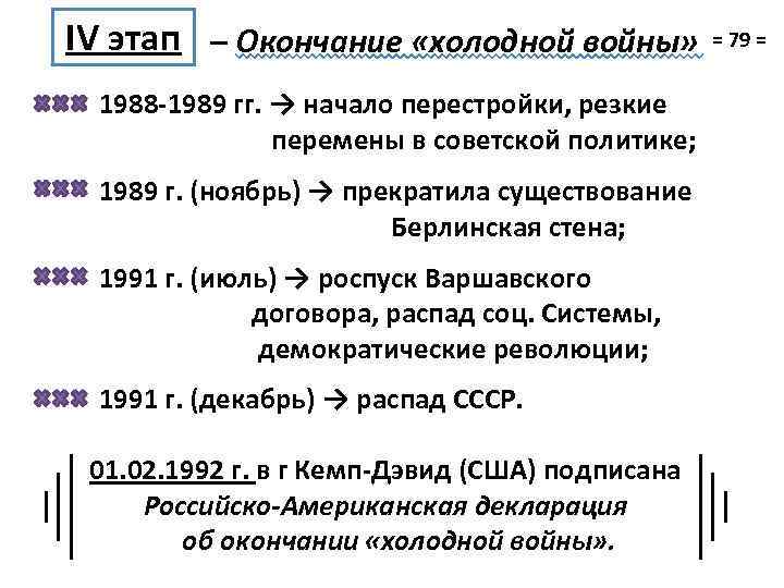 IV этап – Окончание «холодной войны» 1988 -1989 гг. → начало перестройки, резкие перемены