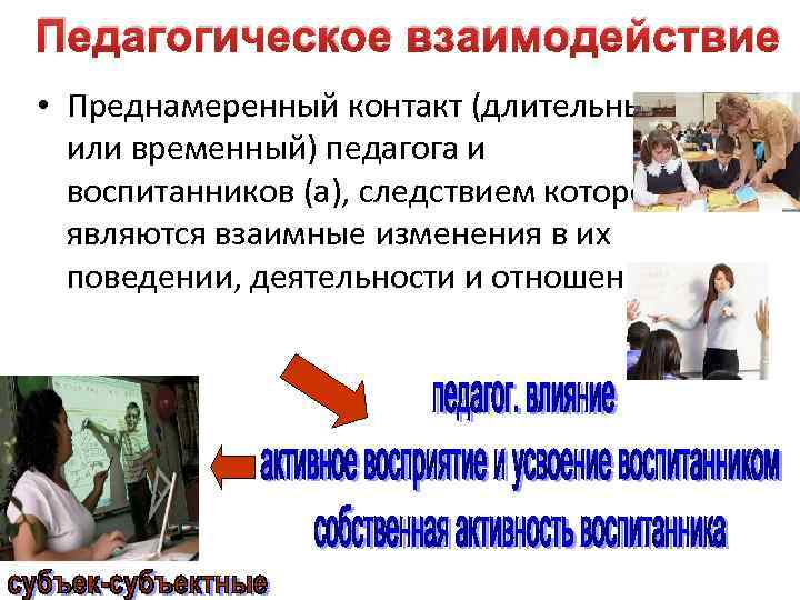 Педагогическое взаимодействие • Преднамеренный контакт (длительный или временный) педагога и воспитанников (а), следствием которого