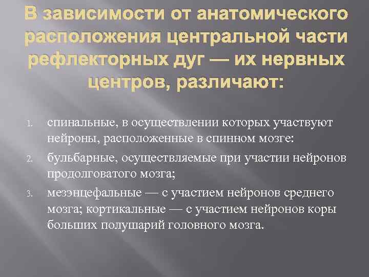 В зависимости от анатомического расположения центральной части рефлекторных дуг — их нервных центров, различают: