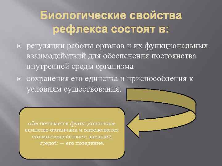 Биологические свойства рефлекса состоят в: регуляции работы органов и их функциональных взаимодействий для обеспечения