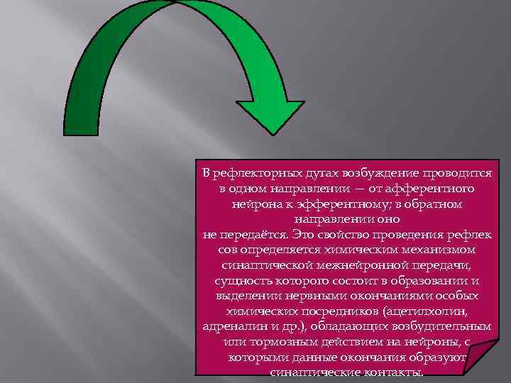 В рефлекторных дугах возбуждение проводится в одном направлении — от афферентного нейрона к эфферентному;