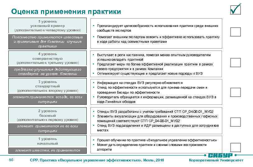  Оценка применения практики 5 уровень успешный пример (дополнительно к четвертому уровню) Повсеместно применяются