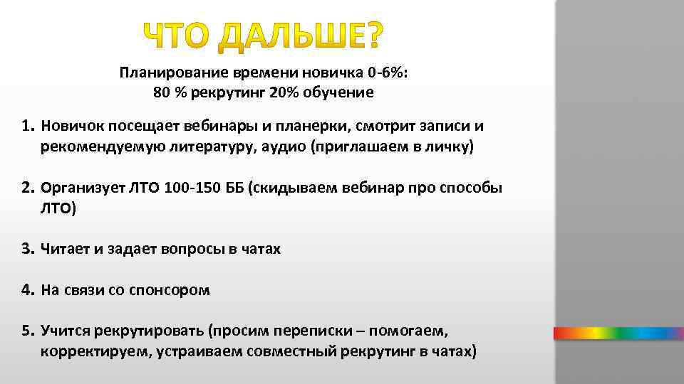 Планирование времени новичка 0 -6%: 80 % рекрутинг 20% обучение 1. Новичок посещает вебинары