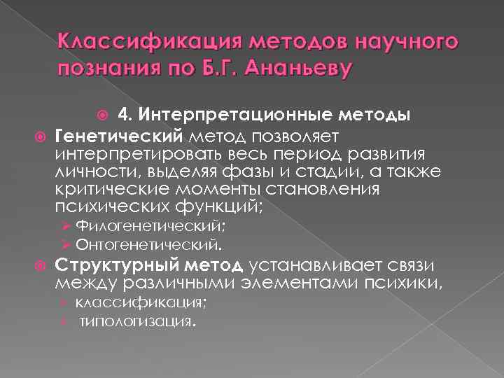 Классификация методов научного познания по Б. Г. Ананьеву 4. Интерпретационные методы Генетический метод позволяет