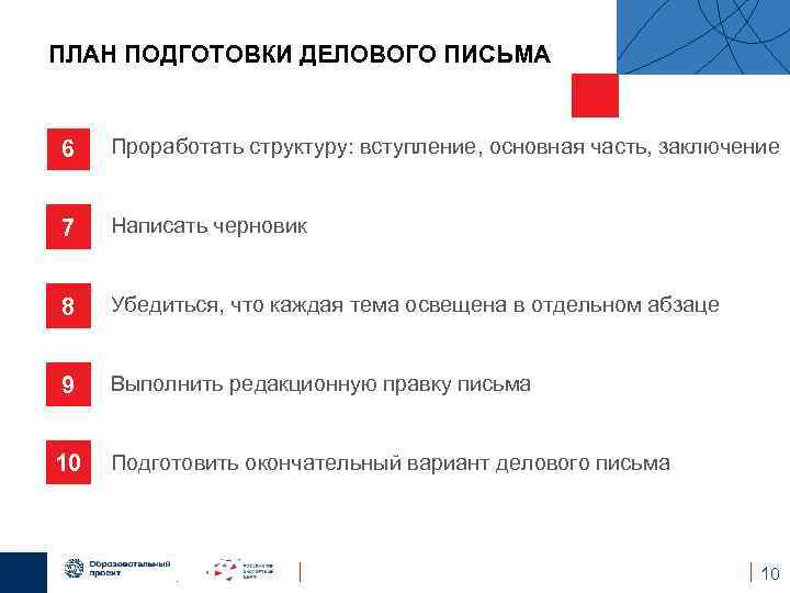 ПЛАН ПОДГОТОВКИ ДЕЛОВОГО ПИСЬМА 6 Проработать структуру: вступление, основная часть, заключение 7 Написать черновик