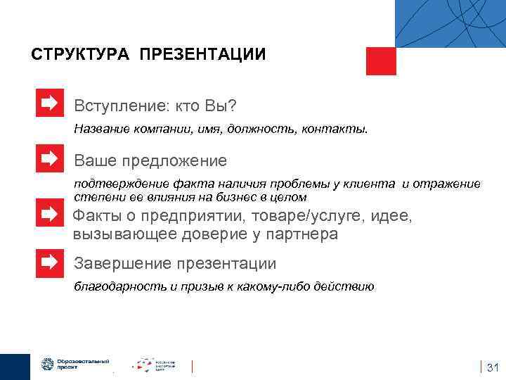 СТРУКТУРА ПРЕЗЕНТАЦИИ Вступление: кто Вы? Название компании, имя, должность, контакты. Ваше предложение подтверждение факта