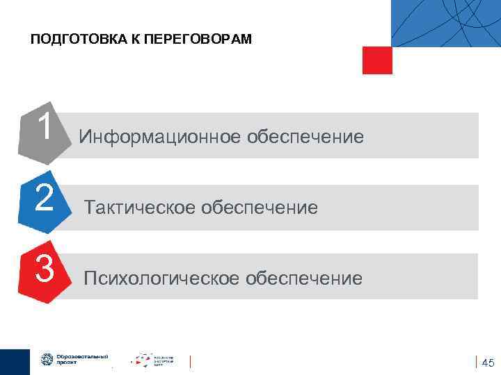 ПОДГОТОВКА К ПЕРЕГОВОРАМ 1 Информационное обеспечение 2 Тактическое обеспечение 3 Психологическое обеспечение 45 