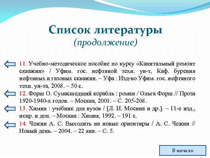 Список литературы (продолжение) 11. Учебно-методическое пособие по курсу «Капитальный ремонт скважин» / Уфим. гос.