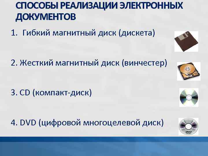 СПОСОБЫ РЕАЛИЗАЦИИ ЭЛЕКТРОННЫХ ДОКУМЕНТОВ 1. Гибкий магнитный диск (дискета) 2. Жесткий магнитный диск (винчестер)