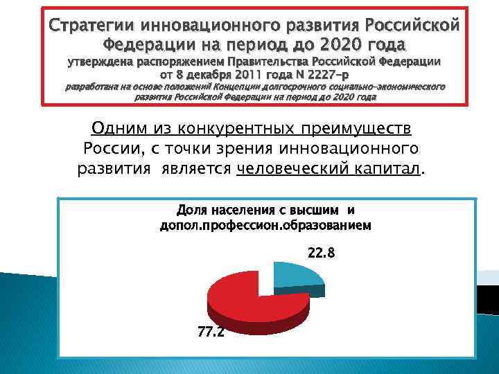 Стратегии инновационного развития Российской Федерации на период до 2020 года утверждена распоряжением Правительства Российской