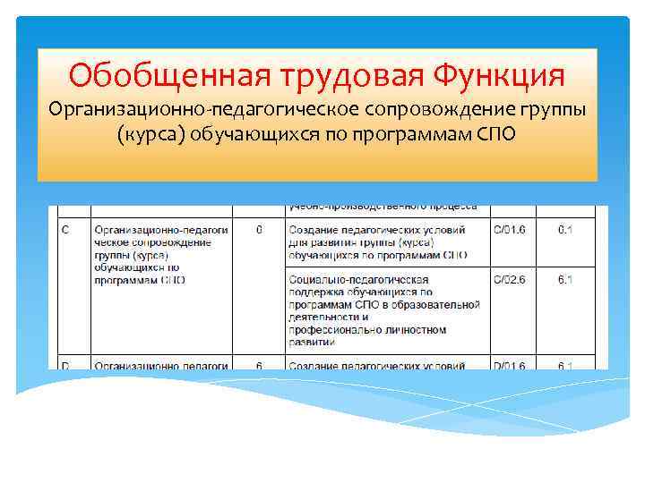 Обобщенная трудовая Функция Организационно-педагогическое сопровождение группы (курса) обучающихся по программам СПО 