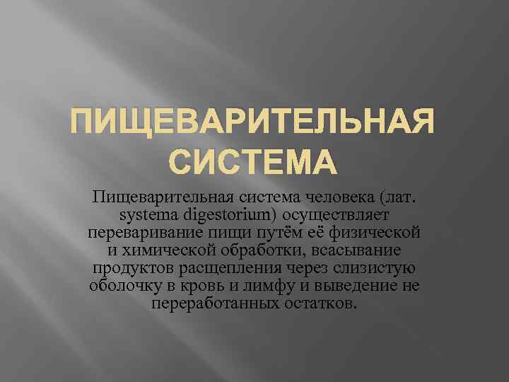 ПИЩЕВАРИТЕЛЬНАЯ СИСТЕМА Пищеварительная система человека (лат. systema digestorium) осуществляет переваривание пищи путём её физической