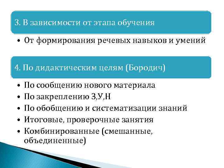 3. В зависимости от этапа обучения • От формирования речевых навыков и умений 4.