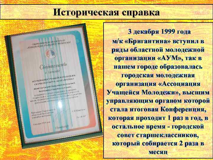 Историческая справка 3 декабря 1999 года м/к «Бригантина» вступил в ряды областной молодежной организации
