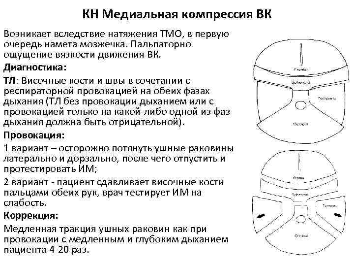 КН Медиальная компрессия ВК Возникает вследствие натяжения ТМО, в первую очередь намета мозжечка. Пальпаторно