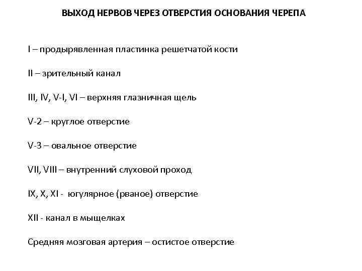 ВЫХОД НЕРВОВ ЧЕРЕЗ ОТВЕРСТИЯ ОСНОВАНИЯ ЧЕРЕПА I – продырявленная пластинка решетчатой кости II –