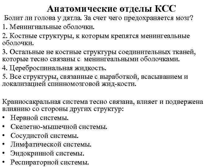 Анатомические отделы КСС Болит ли голова у дятла. За счет чего предохраняется мозг? 1.