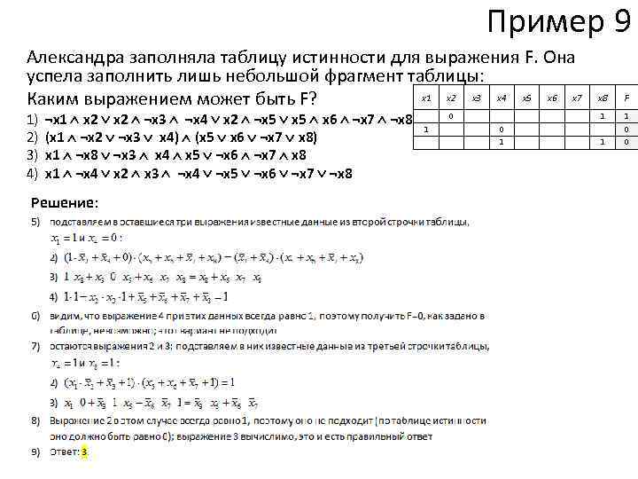 Пример 9 Александра заполняла таблицу истинности для выражения F. Она успела заполнить лишь небольшой