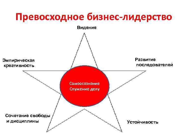 Превосходное бизнес-лидерство Видение Развитие последователей Эмпирическая креативность Самоосознание Служение делу Сочетание свободы и дисциплины