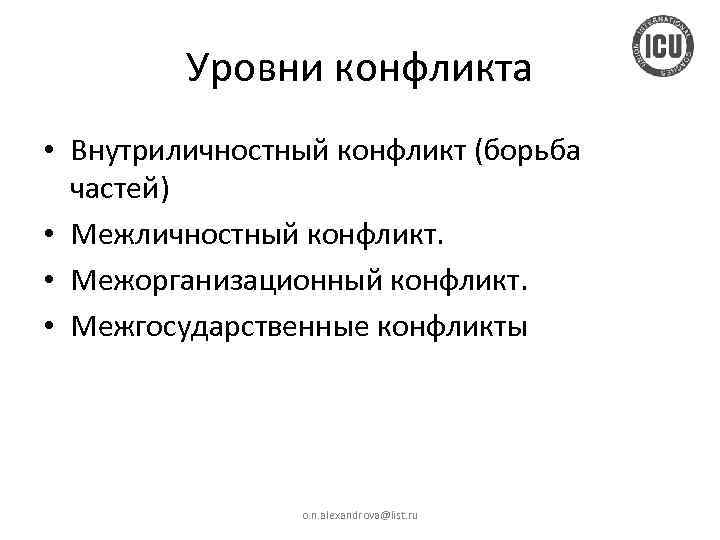 Уровни конфликта • Внутриличностный конфликт (борьба частей) • Межличностный конфликт. • Межорганизационный конфликт. •