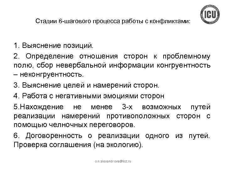 Стадии 6 -шагового процесса работы с конфликтами: 1. Выяснение позиций. 2. Определение отношения сторон