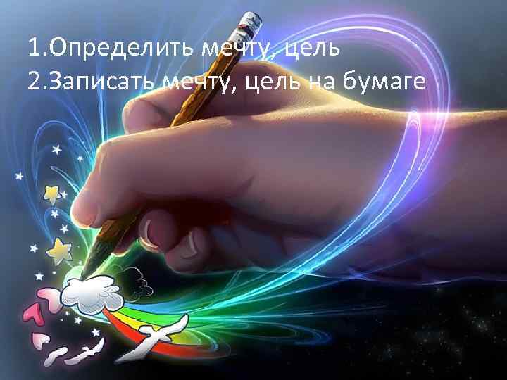 1. Определить мечту, цель 2. Записать мечту, цель на бумаге 