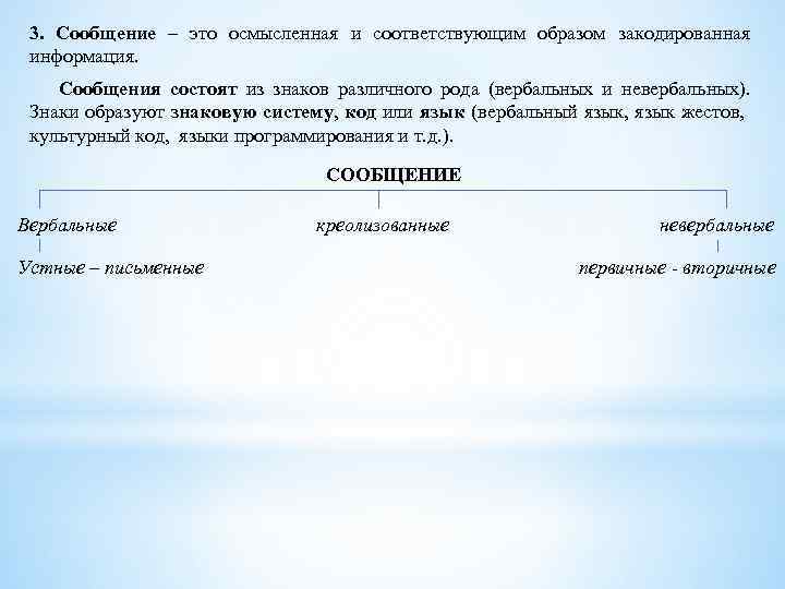 3. Сообщение – это осмысленная и соответствующим образом закодированная информация. Сообщения состоят из знаков