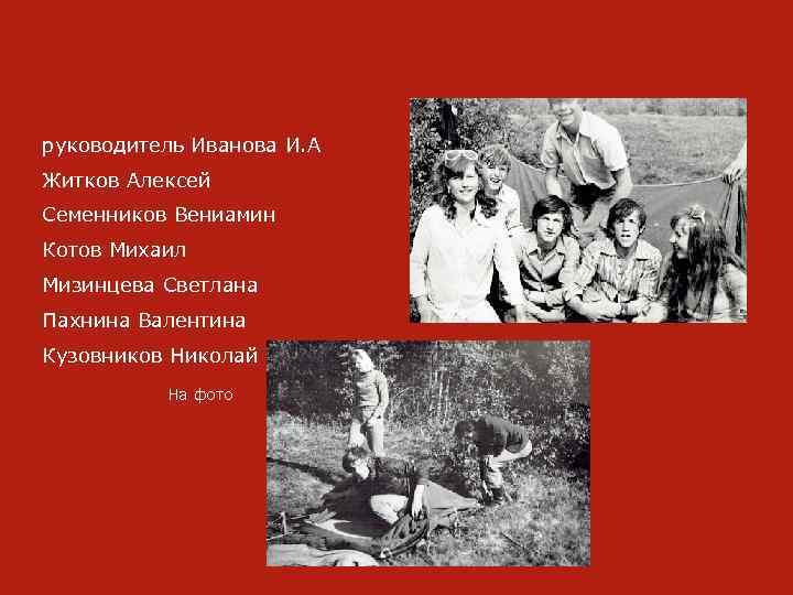 руководитель Иванова И. А Житков Алексей Семенников Вениамин Котов Михаил Мизинцева Светлана Пахнина Валентина