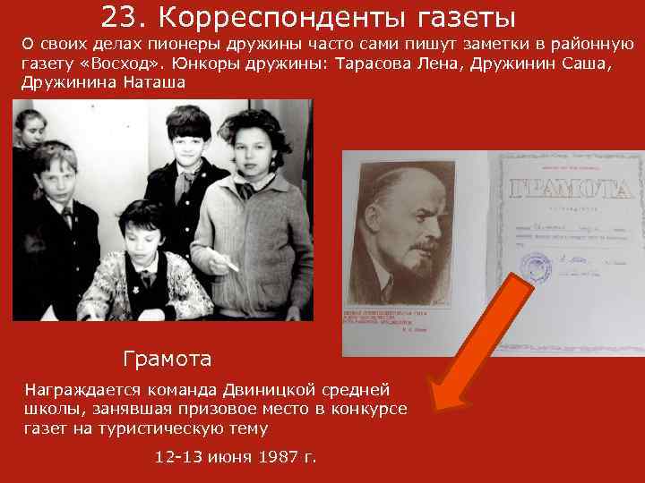 23. Корреспонденты газеты О своих делах пионеры дружины часто сами пишут заметки в районную